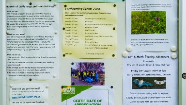 Cecilly-Brook-NR-PLGM-F24_9326r1 5th August 2024: Cecilly Brook Nature Reserve: Notice board of the 'Friends' near Ashbourne Road